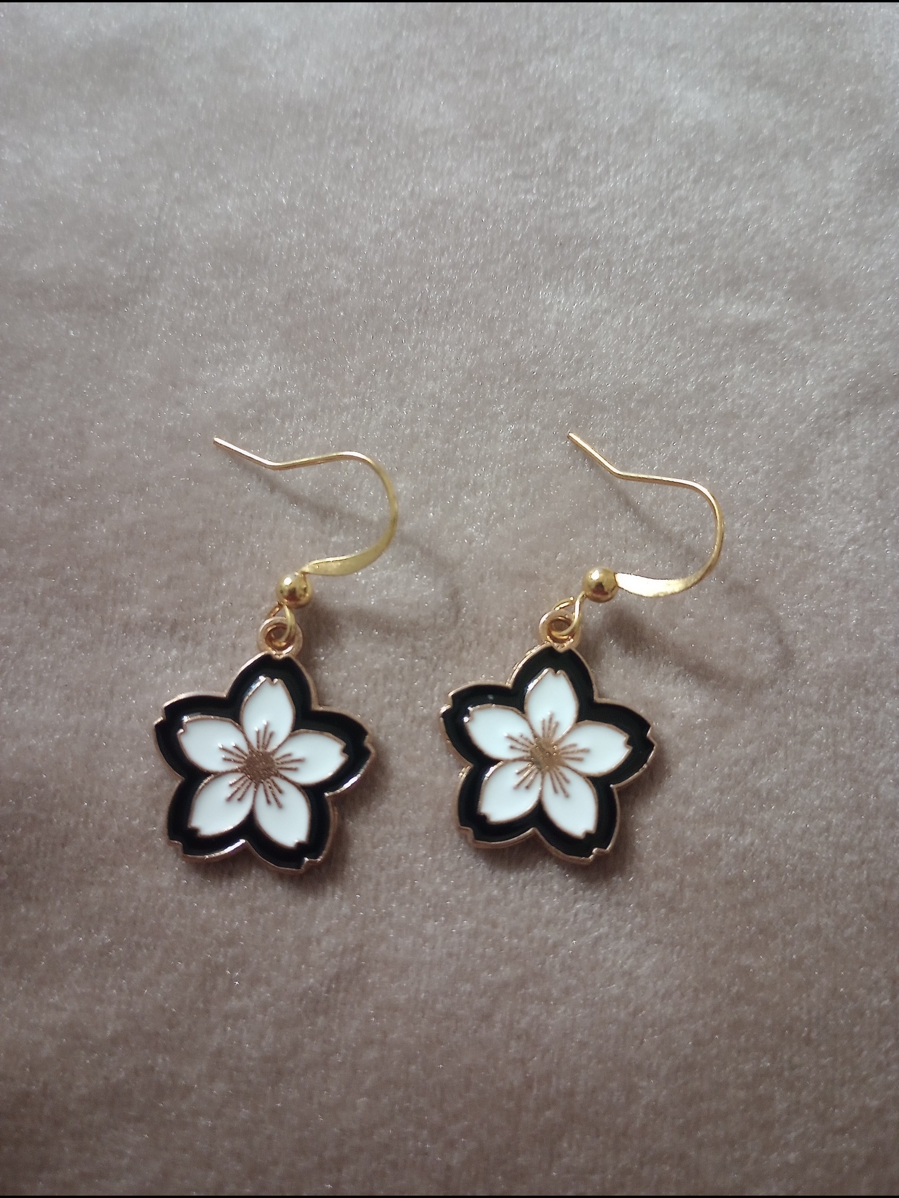 Gold-Tone Black & White Floral Drop Earrings